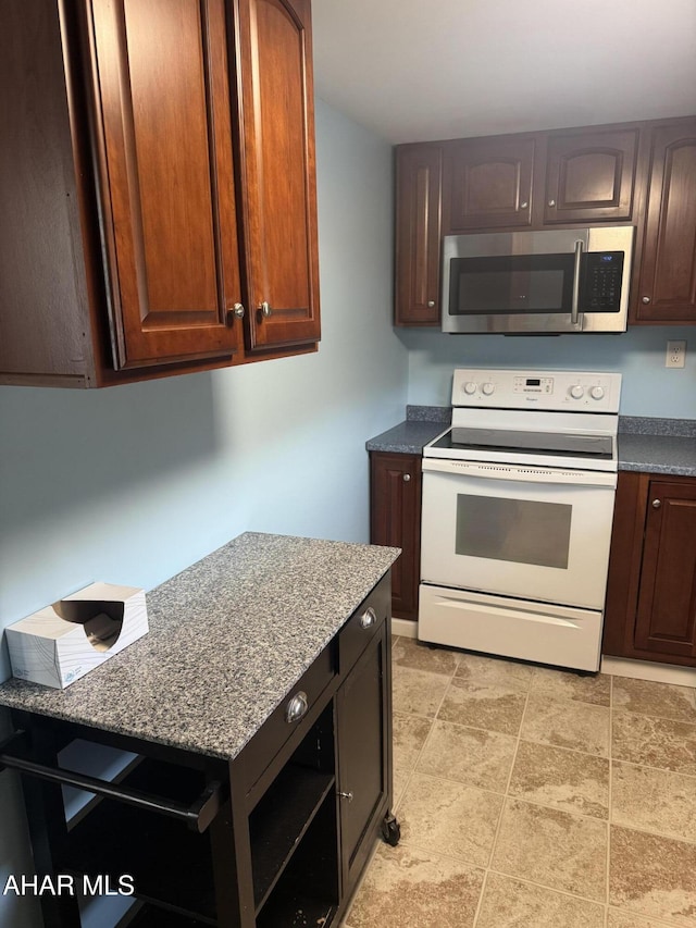 kitchen with dark brown cabinets and white electric range