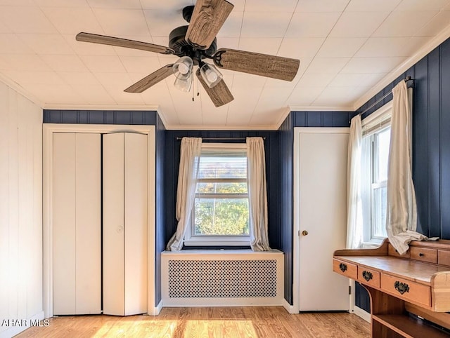 interior space featuring ceiling fan, light hardwood / wood-style floors, radiator, and multiple windows