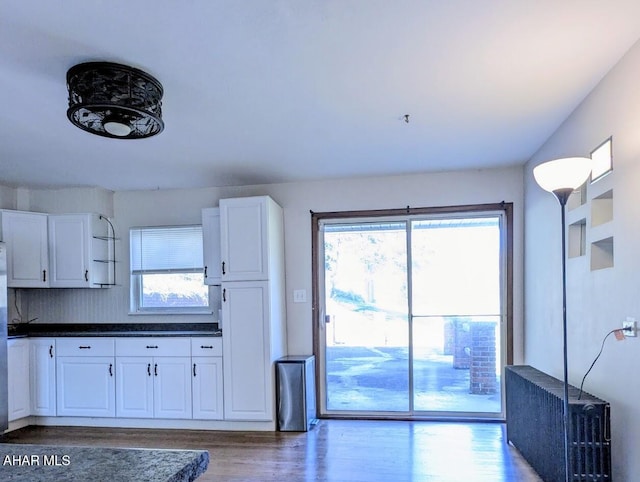 kitchen with wood-type flooring, tasteful backsplash, white cabinetry, and a wealth of natural light