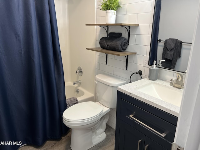 215 E Valley Point Ln, Claysburg, PA 16625 - bathroom featuring vanity, shower / tub combo, wood finished floors, and decorative backsplash