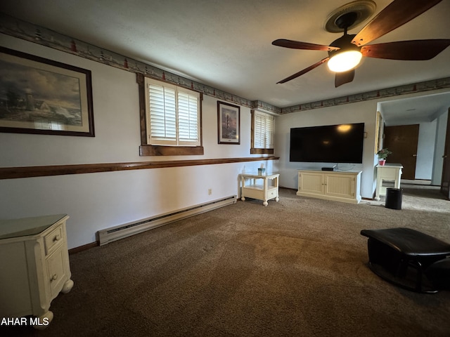 living room featuring carpet floors, ceiling fan, and baseboard heating