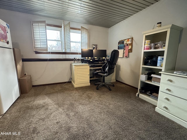 office space featuring carpet floors and wooden ceiling