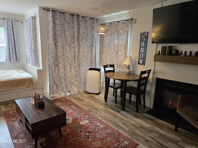 185 E Valley Point Ln, Claysburg, PA 16625 - dining space with wood finished floors, a textured ceiling, and a warm lit fireplace