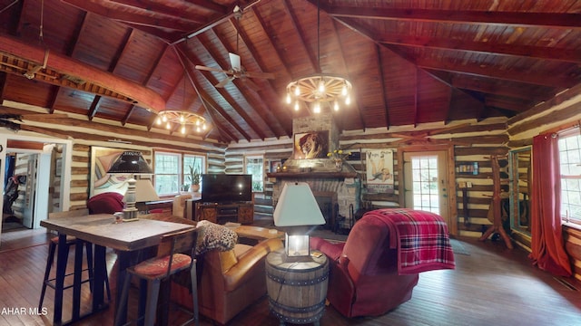 166 Mink Rd, Boswell, PA 15531 - living area featuring hardwood / wood-style floors, a wooden ceiling with exposed beams, plenty of natural light, a stone fireplace, and high vaulted ceiling