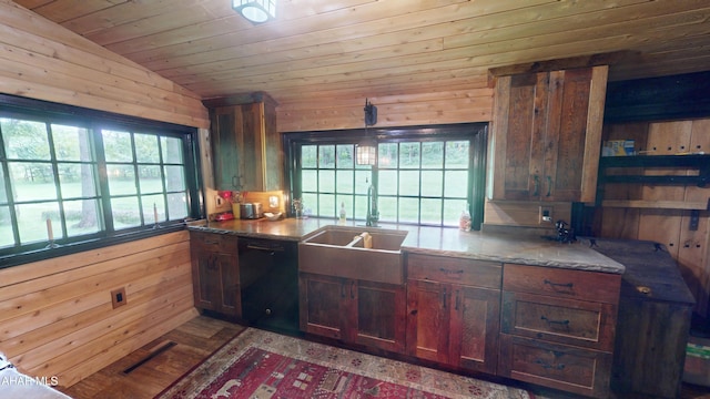 166 Mink Rd, Boswell, PA 15531 - kitchen featuring black dishwasher, wood walls, open shelves, wood ceiling, and wood finished floors