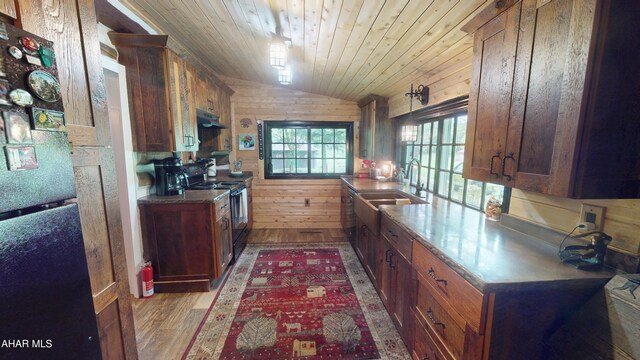 166 Mink Rd, Boswell, PA 15531 - kitchen featuring black appliances, under cabinet range hood, wooden walls, light wood-type flooring, and wood ceiling