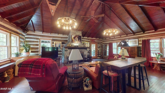 166 Mink Rd, Boswell, PA 15531 - living area featuring a wooden ceiling with exposed beams, high vaulted ceiling, hardwood / wood-style flooring, healthy amount of natural light, and ceiling fan
