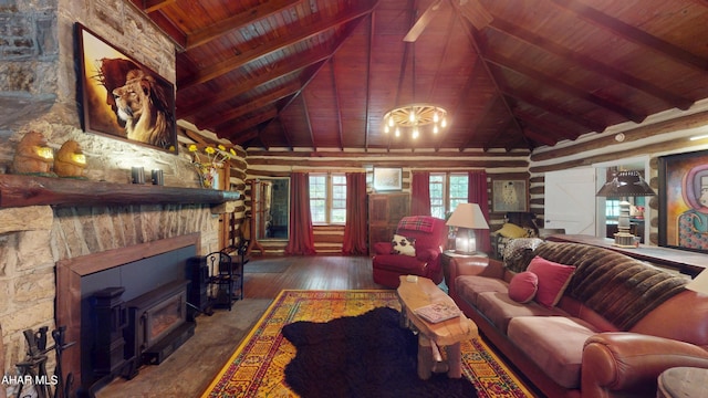 166 Mink Rd, Boswell, PA 15531 - living area featuring a wood ceiling with exposed beams, high vaulted ceiling, and wood finished floors