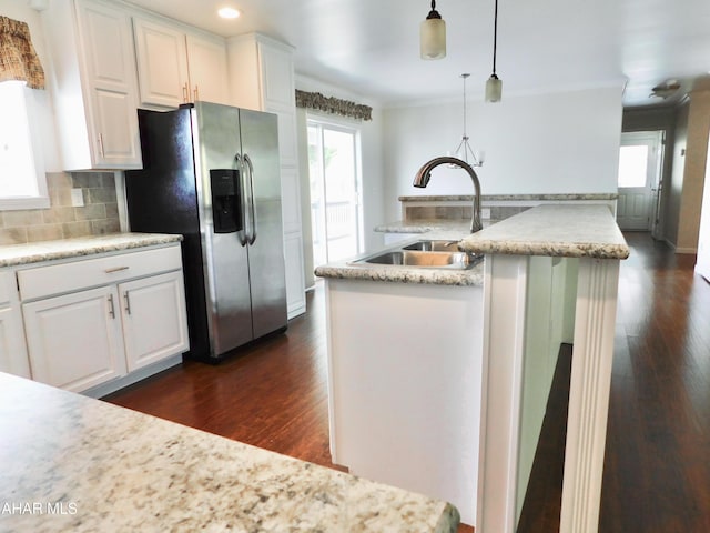 115 Spruce St, Smithmill, PA 16680 - kitchen featuring a sink, stainless steel fridge, crown molding, dark wood-style floors, and white cabinets