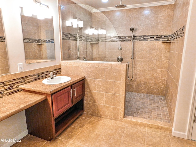 115 Spruce St, Smithmill, PA 16680 - full bath featuring vanity, a tile shower, and ornamental molding
