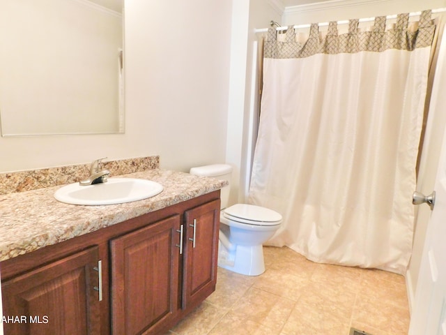 115 Spruce St, Smithmill, PA 16680 - bathroom featuring crown molding, vanity, toilet, a shower with curtain, and tile patterned flooring