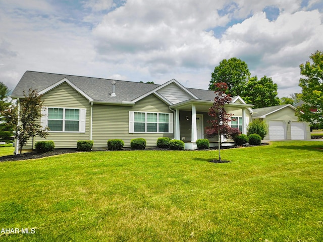 115 Spruce St, Smithmill, PA 16680 - ranch-style house featuring an outbuilding, a porch, a front lawn, a detached garage, and roof with shingles