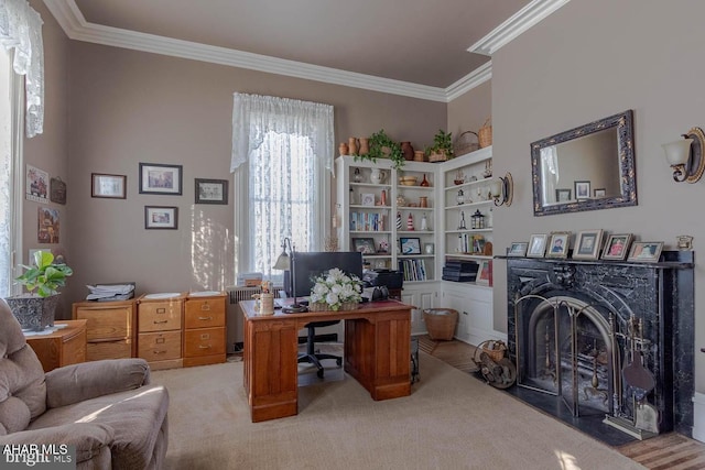 carpeted office with a premium fireplace and ornamental molding