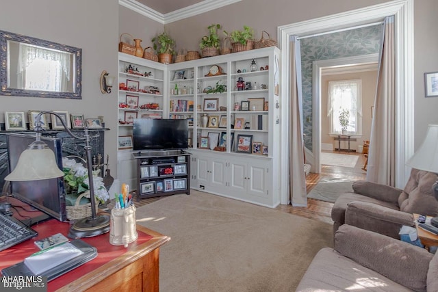 living room featuring crown molding and carpet flooring