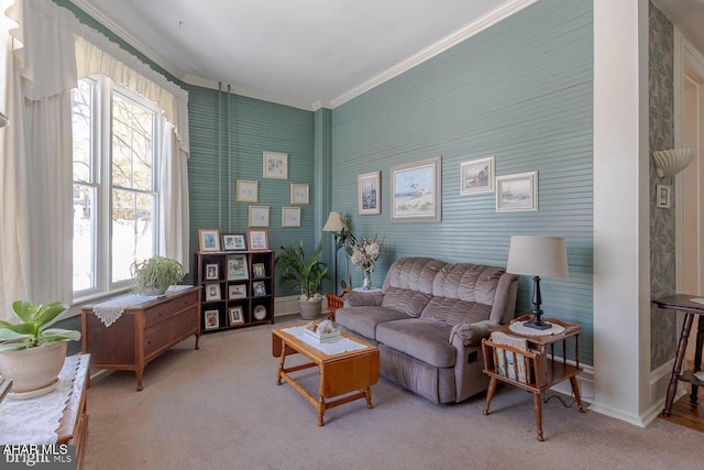 carpeted living room featuring crown molding