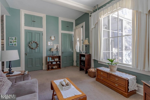 living room with light colored carpet