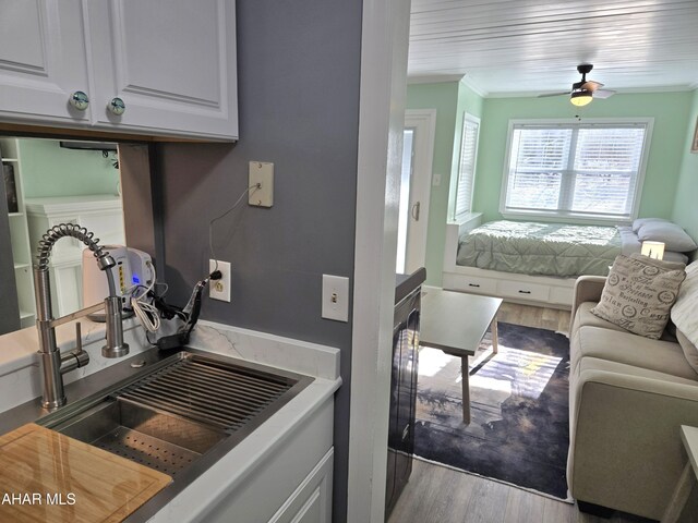 interior space with white cabinets, light wood-type flooring, ceiling fan, and sink