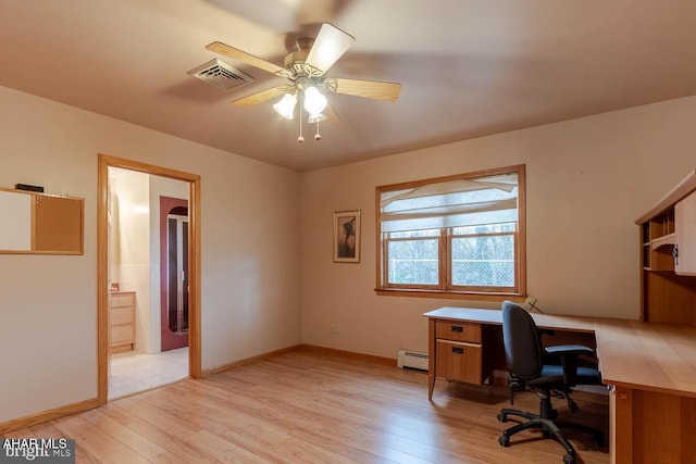 home office with a baseboard heating unit, light hardwood / wood-style floors, and ceiling fan