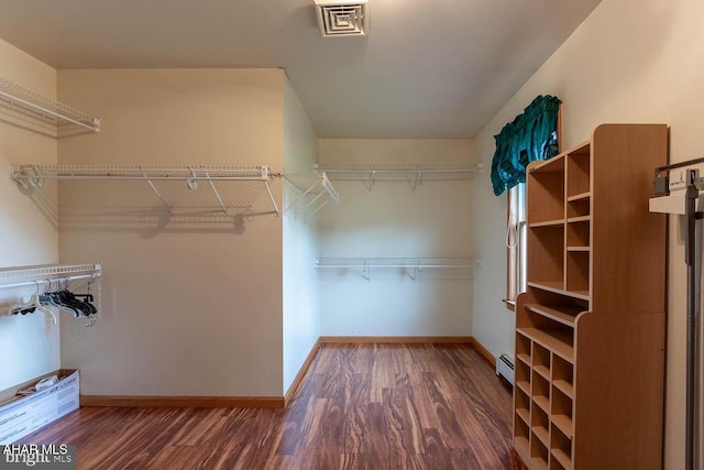 spacious closet featuring baseboard heating and dark hardwood / wood-style flooring