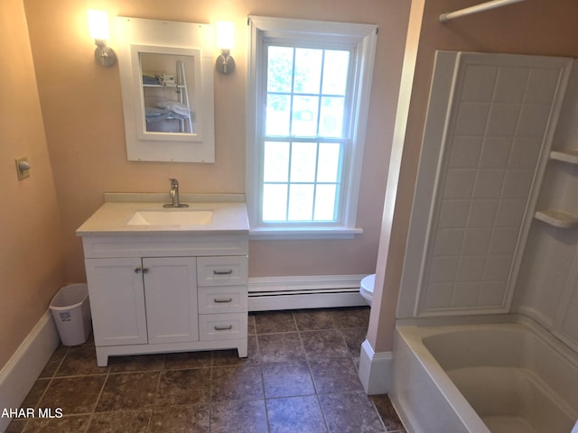 313 E John St, Bedford, PA 15522 - bathroom with a baseboard heating unit, vanity, plenty of natural light, and shower / washtub combination