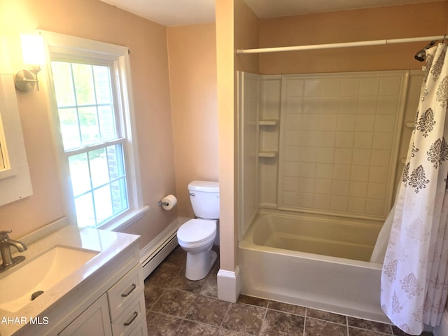 313 E John St, Bedford, PA 15522 - full bathroom featuring baseboard heating, vanity, and shower / tub combo with curtain
