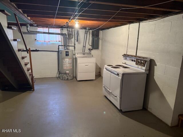 below grade area with water heater, washing machine and dryer, electric panel, and stairway