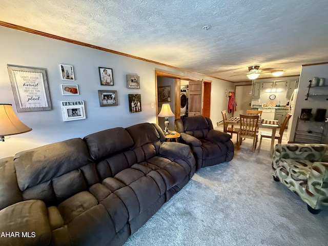 carpeted living area with washer / clothes dryer, a textured ceiling, and ornamental molding