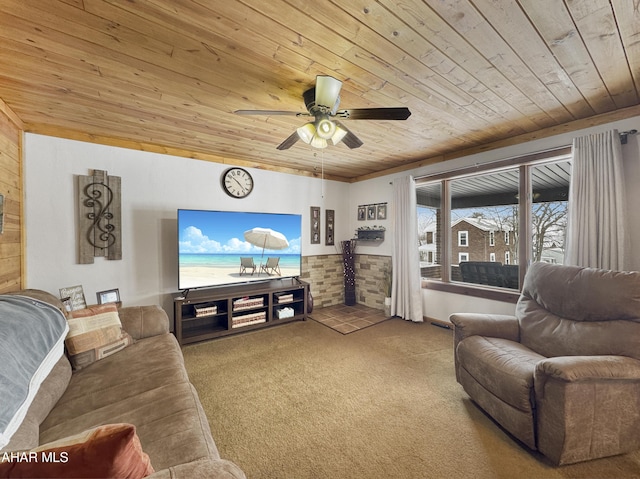 carpeted living room with wood ceiling and ceiling fan