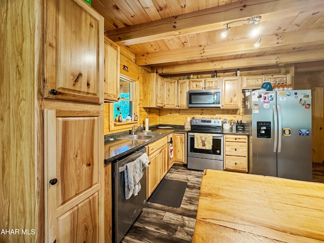 kitchen featuring appliances with stainless steel finishes, wood ceiling, sink, beamed ceiling, and dark hardwood / wood-style floors