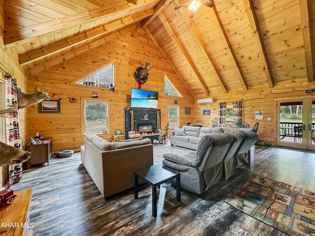 living room with dark hardwood / wood-style floors, plenty of natural light, and wooden ceiling