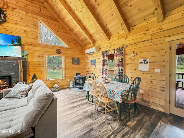 dining area featuring beam ceiling, wood walls, high vaulted ceiling, and wood-type flooring