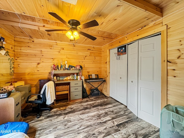 home office with wood ceiling, ceiling fan, wooden walls, dark wood-type flooring, and beamed ceiling