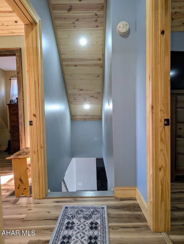 hall featuring hardwood / wood-style floors and wooden ceiling