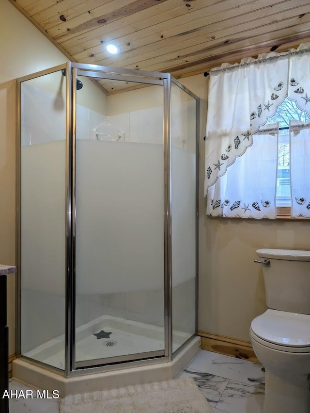 bathroom with a shower with door, wood ceiling, and toilet