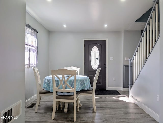 9802 Black Valley Rd, Everett, PA 15537 - dining area with stairs, healthy amount of natural light, wood finished floors, and recessed lighting