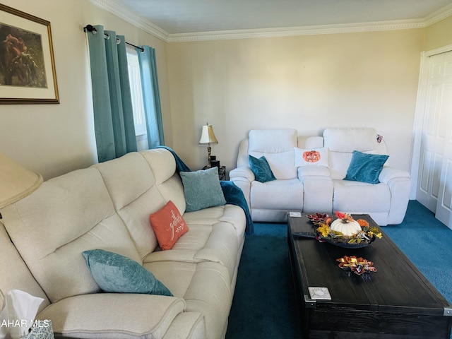 living room with carpet flooring and ornamental molding