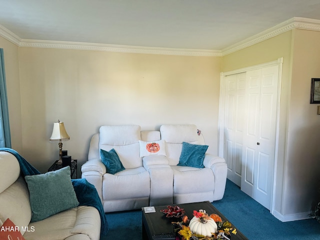 carpeted living room featuring ornamental molding