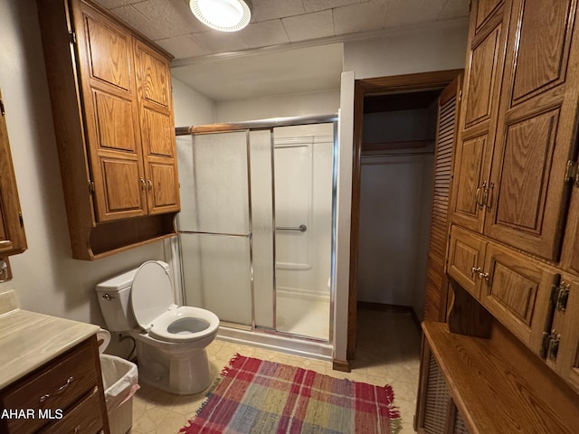 bathroom with vanity, walk in shower, and toilet