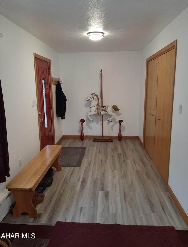 foyer featuring light hardwood / wood-style floors, a textured ceiling, and a baseboard heating unit