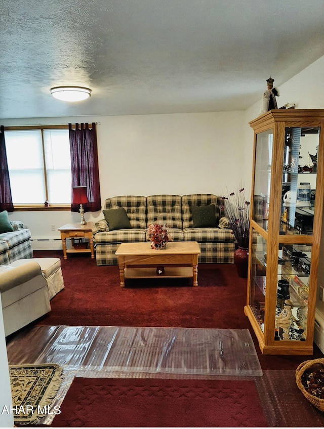 living room with dark hardwood / wood-style flooring and a textured ceiling