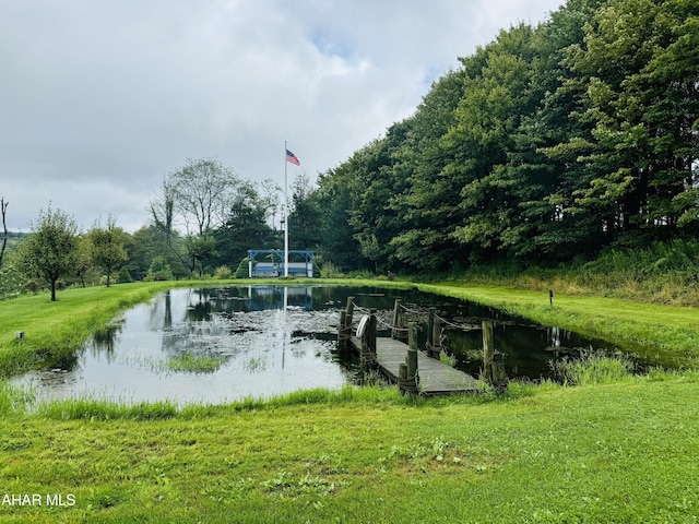 view of community featuring a lawn and a water view