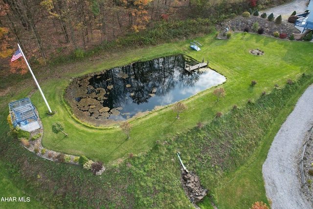 bird's eye view with a water view