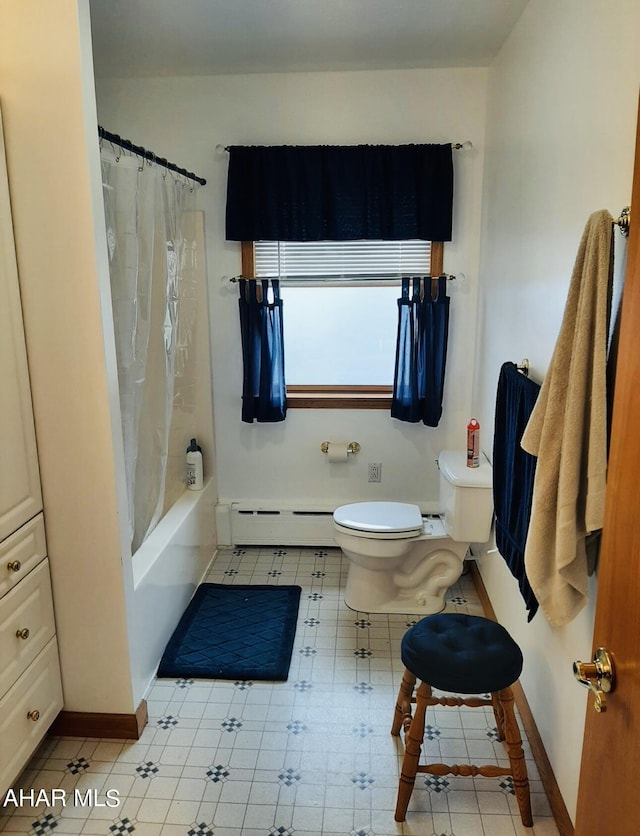 bathroom featuring shower / bath combination with curtain, toilet, and a baseboard heating unit