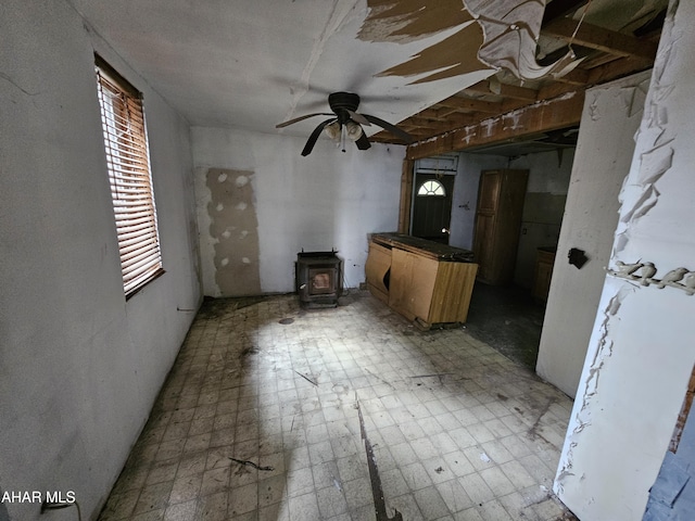 625 N 5th Ave, Altoona, PA 16601 - unfurnished living room with a wood stove and ceiling fan