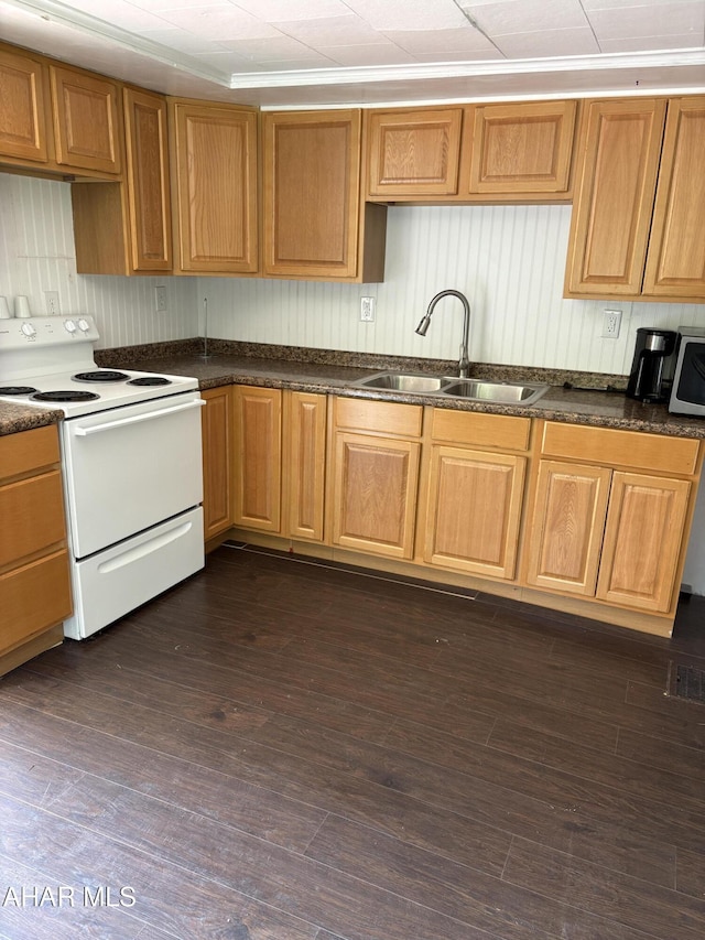 2900-08 2nd St, Altoona, PA 16601 - kitchen featuring white electric range, dark countertops, stainless steel microwave, and dark wood-type flooring