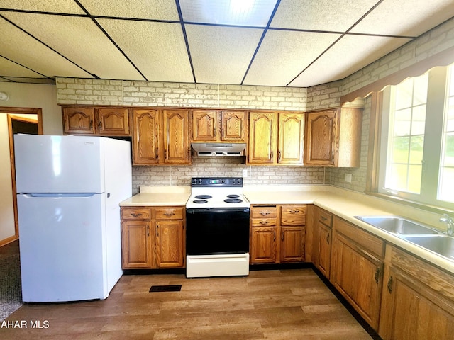 kitchen with hardwood / wood-style flooring, decorative backsplash, white appliances, and sink