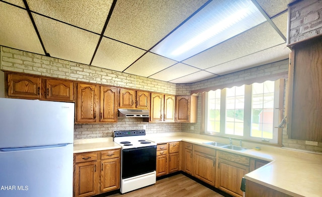 kitchen with electric range, sink, light hardwood / wood-style floors, fridge, and a paneled ceiling