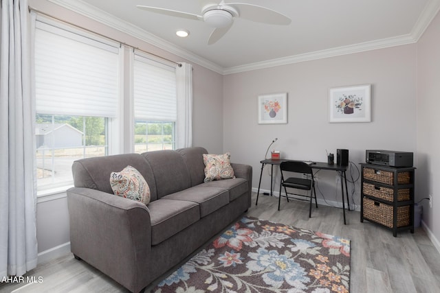 living room with ceiling fan, light hardwood / wood-style flooring, and crown molding