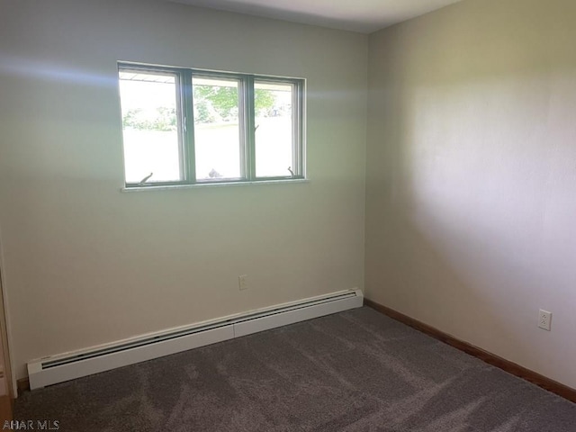 carpeted spare room featuring a baseboard radiator