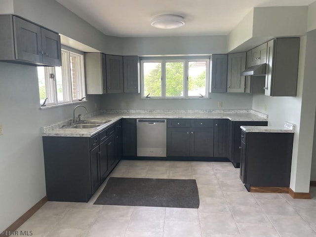 kitchen with stainless steel dishwasher, gray cabinets, sink, and extractor fan